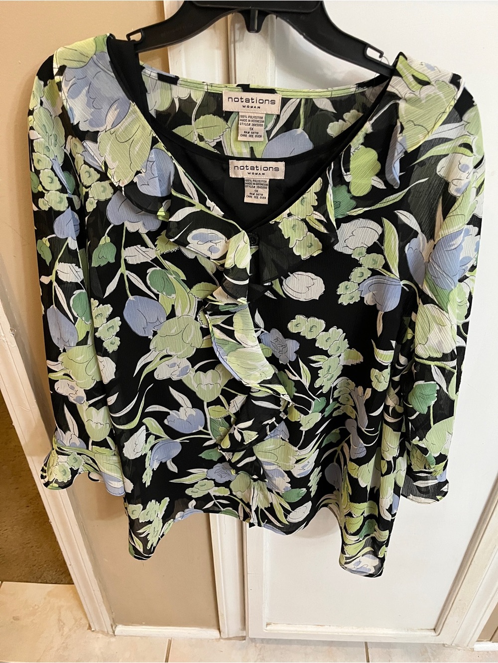 Notations Black Floral Ruffle V-Neck Blouse 1XL